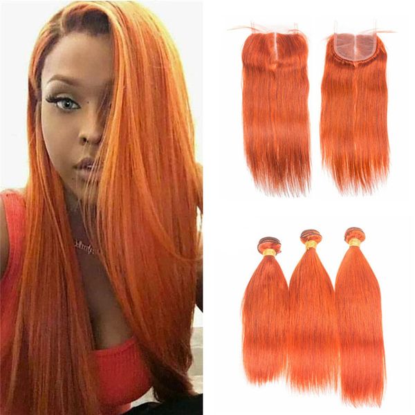 

9a new pure color #orange silk straight virgin brazilian human hair weave 3 bundles with middle part 4x4 lace closure 4pcs lot, Black