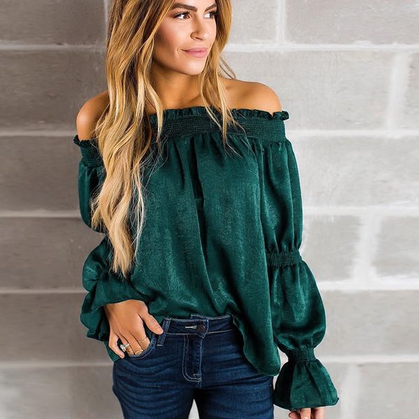 

long flare sleeve off shoulder slash neck women t shirt sweater winter autumn pullover casual t-shirts women, White