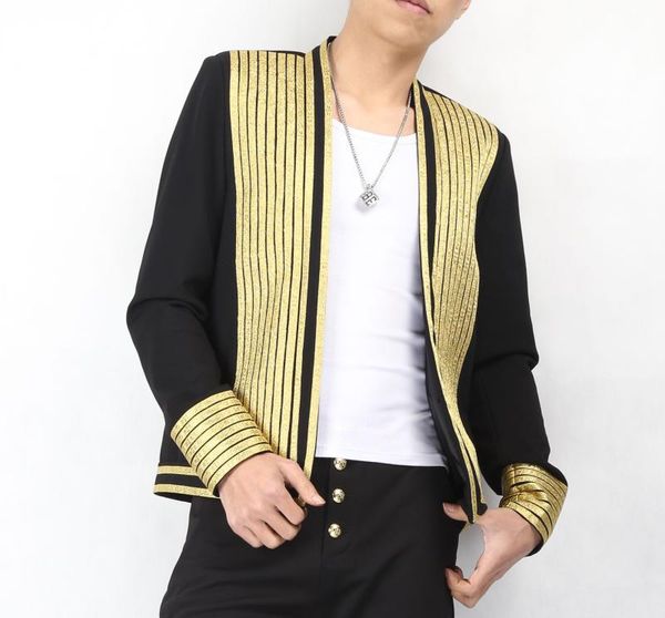 

100%real men medieval black with golden stripe vintage event/stage performance short tuxedo jacket/stage performance/asia size, White;black