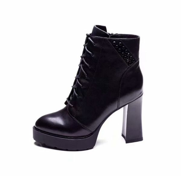 

fashion brand womens ankle knight rivet waterproof platform cowskin winter high heel 10cm martin boots shoes size 35-39, Black