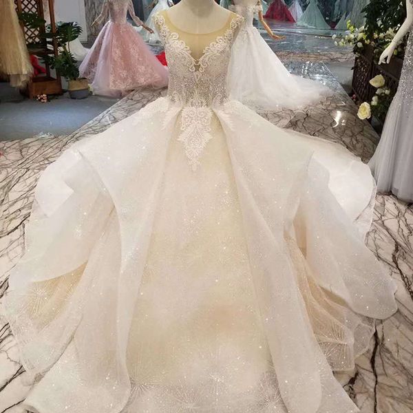 

luxury shiny wedding dress multi-layer skirt o-neck sleeveless appliques beaded beauty wedding gown with train side straps, White