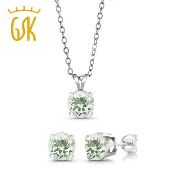 

2.85 ct round 6mm green amethyst 925 sterling silver stud pendant earrings set, Black