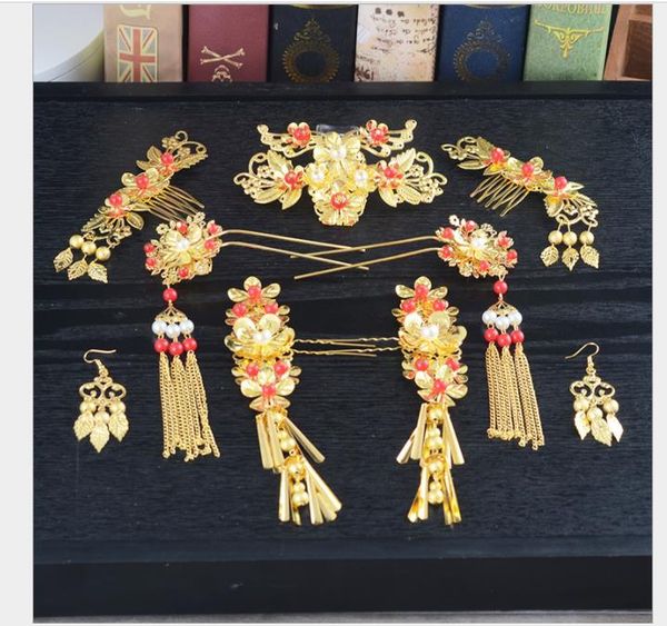 

chinese brides headwear, costume, wedding ceremony, swing, fringes, phoenix sets, wedding show, hair ornaments, hairpins, hairpins, hairpins, Slivery;golden