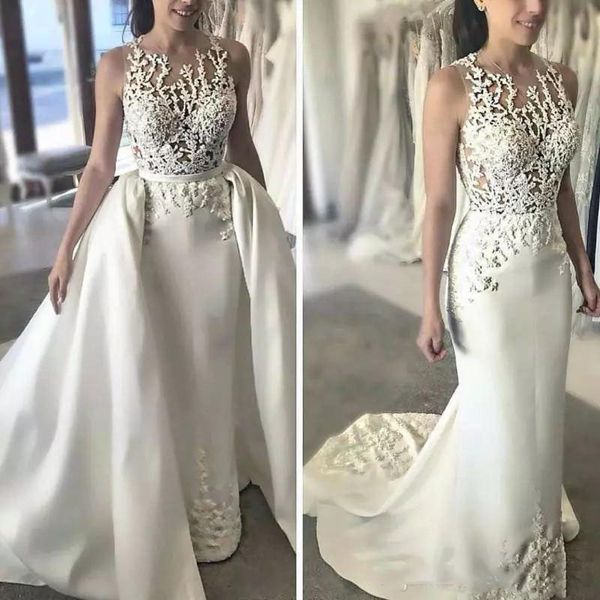 Vestidos de casamento de sereia branca com trem destacável pura pura laço apliques sereia vestidos nupciais cetim varredura de trem vestidos de casamento