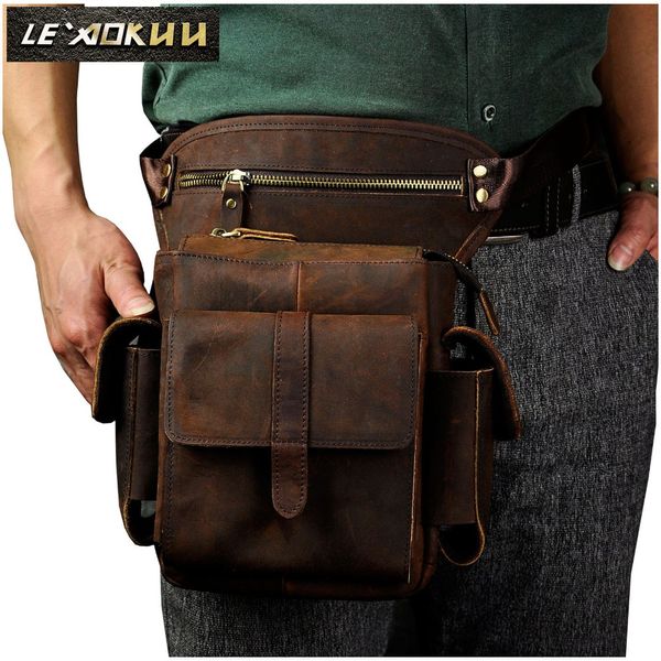 

new genuine real leather men vintage brown small belt bag waist pack drop leg bag