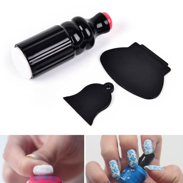 

black nail art stamper + 2pcs scraper set kit stamp stamping device plate nail art diy tools plastic, silicone, White