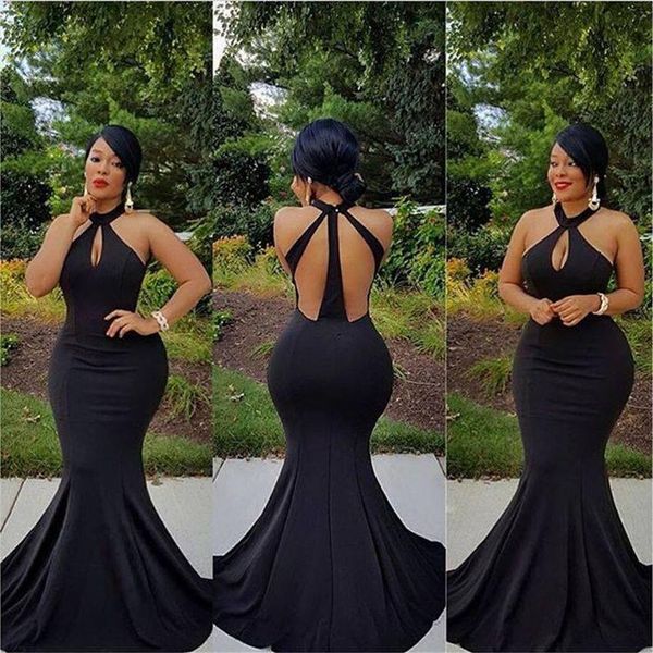 

2019 new black keyhole halter neck mermiad prom dresses sleeveless backless evening dressees plus size girls party gowns ba5210