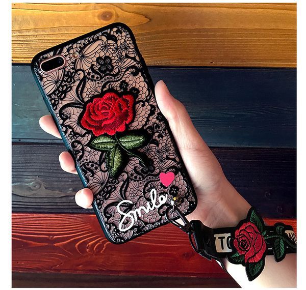 

2018 creative phone case goddness style lace rose embroidery mobile case acrylic back cover phone case