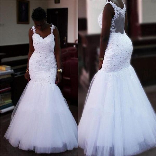 

африканские русалка свадебные платья бисер блестки кружева аппликации robe de mariée свадебные платья без рукавов sheer назад сексуальное св, White