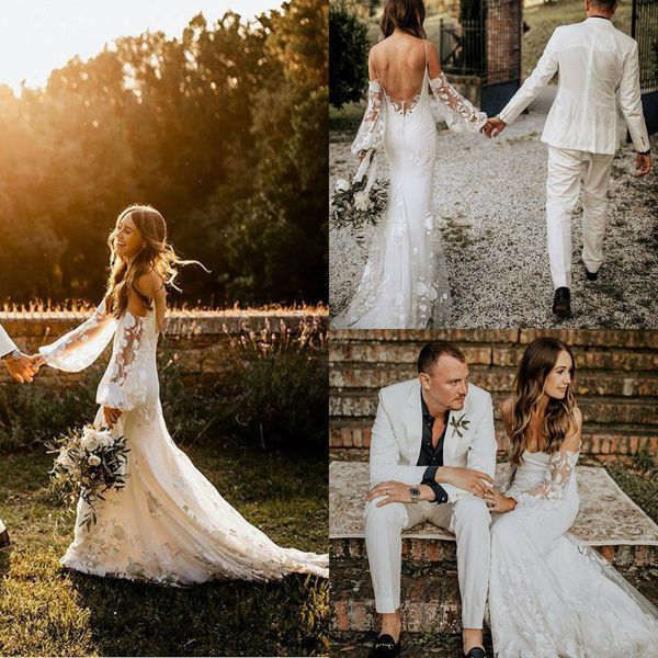 Vestidos de casamento de laço boêmio 2019 ilusão de manga comprida estilo hippie boho vestidos de noiva moda praia vestido de noivas sexy vestido sem encosto