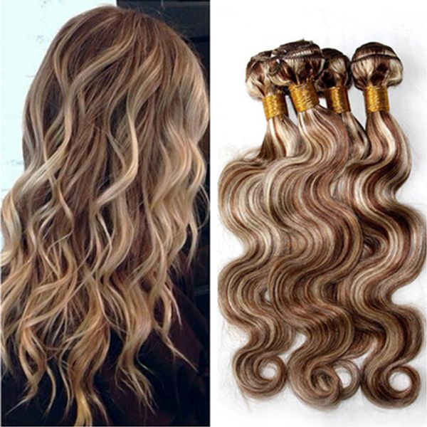 

body wave piano color indian virgin human hair bundles deals 4pcs #8/613 brown mixed with blonde piano color human hair weaves extensions, Black