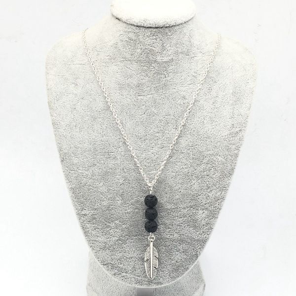 

slver gold color 3beads lava stone leaf necklace essential oil diffuser volcanic rock necklace for women jewelry, Silver