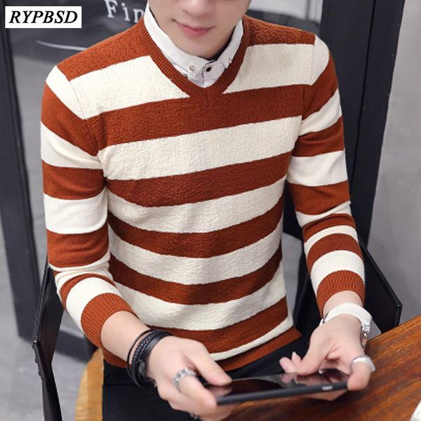 

3 colors striped sweater men warm long sleeve v neck winter clothes for male korean fashion slim fit pullover men sweater, White;black
