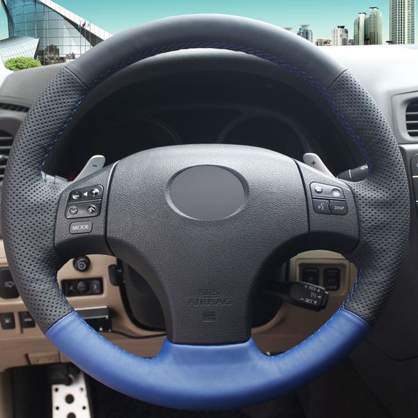 

blue black genuine leather hand-stitched car steering wheel cover for lexus is250