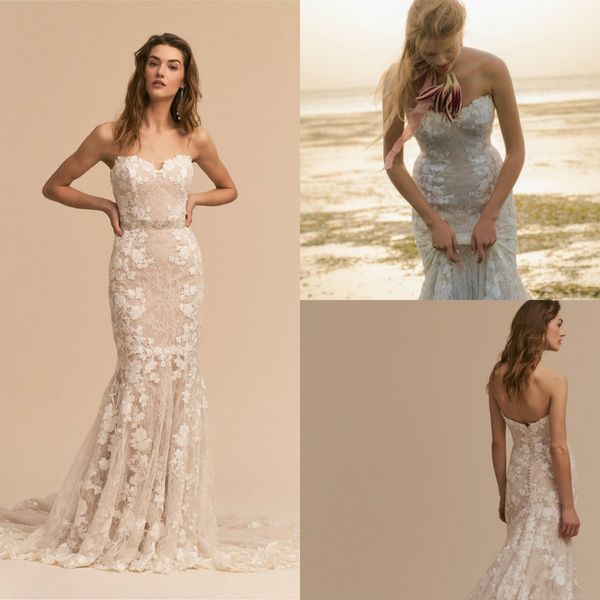 Bhldn sereia vestidos de casamento sweetheart laço appliqued cinto varrer trem praia vestido nupcial elegante boho bohemian estilo barato vestido de casamento