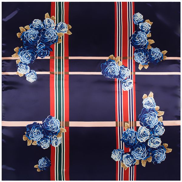 

spring summer roses flower striped lady imitation silk scarf big square woman stain luxury scarf 90cm*90cm, Blue;gray