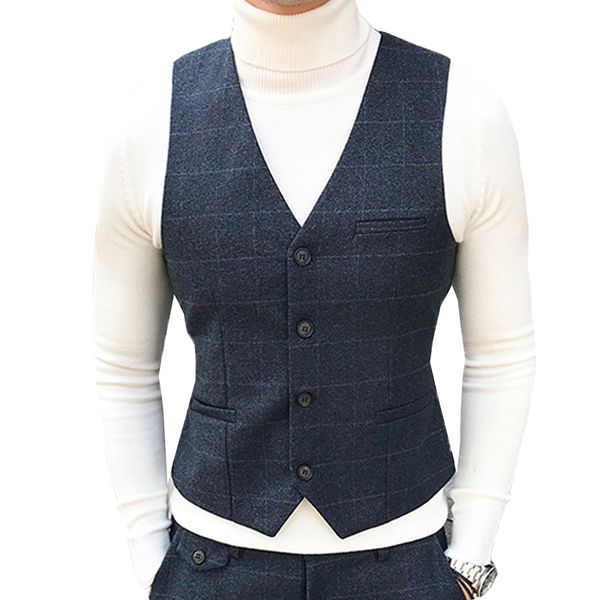 

leqemao brand spring autumn casual suit vest sleeveless jackets mens clothing slim gilet plaid waistcoat clothes, Black;white