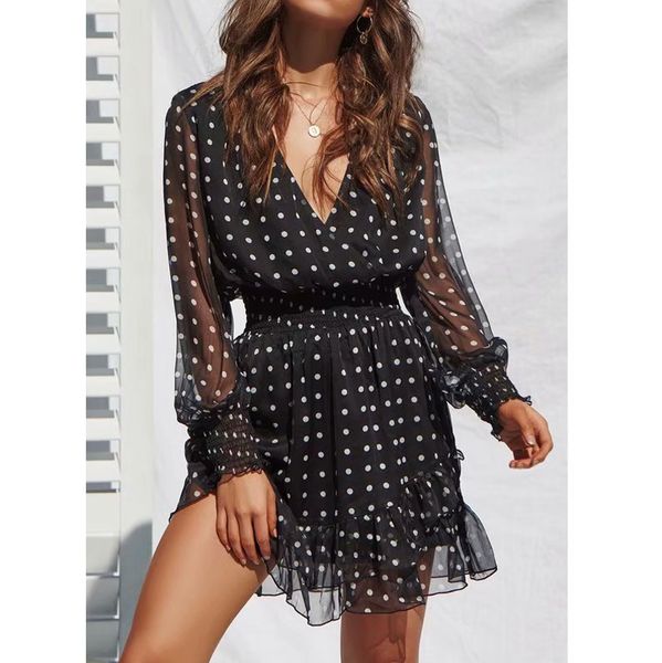 

deep v-neck long puff sleeve polka dot gauzy dress vintage french style waisted emipre a-line dress single tulle lace, White;black