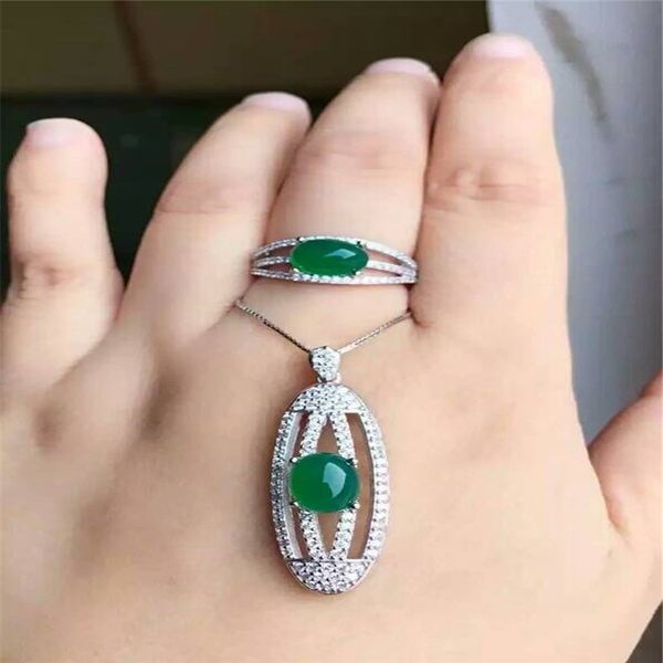 

kjjeaxcmy boutique jewels 925 pure silver inlay natural green jade medullary ring + pendant + earring set with diamond vine flow, Black