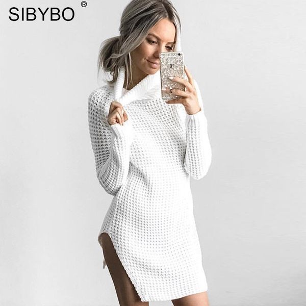 

sibybo new winter knited side split turtleneck long sweater pullover women hollow out loose sweater jumper autumn, White;black