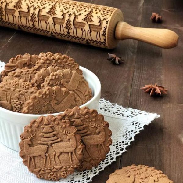 

christmas embossing rolling pin baking cookies biscuit fondant cake dough engraved roller embossing baking cookies patterned roller
