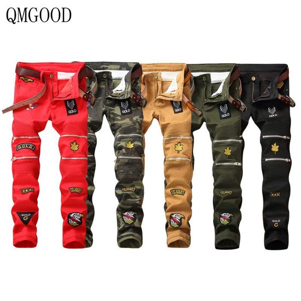 

qmgood brand men's fashion badge patches embroidery jeans slim casual washed denim pants new hombre zipper street biker jeans, Blue