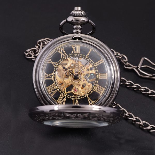 

wholesale-steampunk luxury fashion antique skeleton mechanical pocket watch men chain necklace business casual pocket & fob watches gold, Slivery;golden