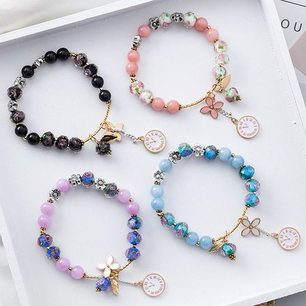 

japan korean fashion vintage crystal beaded bracelet ethnic clock leaves flower pendants bracelets for women girls charm jewelry, Golden;silver