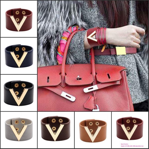 

mix colors europe and the big leather bracelet simple all-match ms ol v word wide leather bracelet for women, Golden;silver