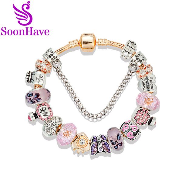 

pink love crystal bracelet presented to lover's girlfriend silver charm bracelets women original diy beads jewelry gift soonhave, Golden;silver