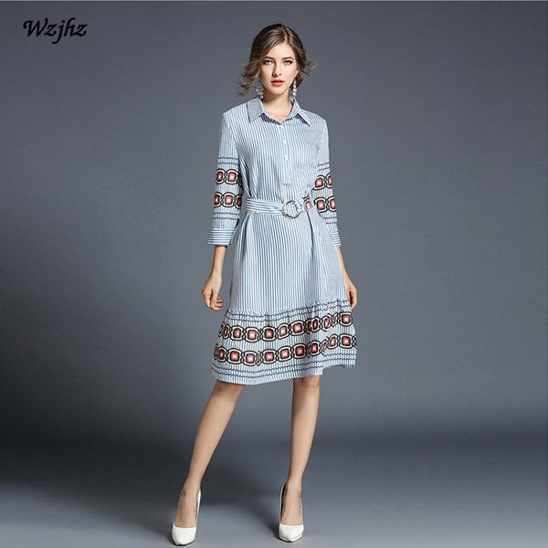 

wzjhz 2018 spring fashion stripe shirt dress lapel 3/4 sleeve waist leisure work print women dress, White;black