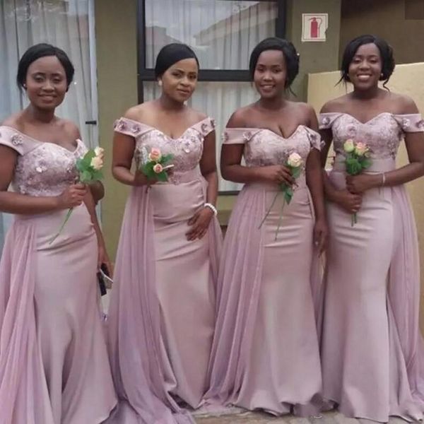 

african плеча mermaid невесты платья кружева аппликация sash overskirts wedding guest платье сшитое sexy maid of honor gowns, White;pink