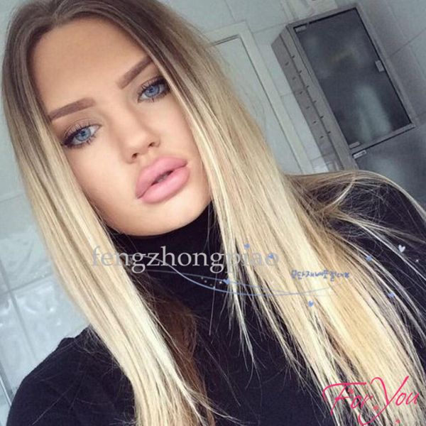 

ombre blond 2 tones synthetic lace front wig dark roots long natural straight blond synthetic hair wigs for women heat resistant fiber, Black
