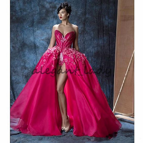 

великолепный ярко-розовый пром pageant платья с юбкой 2018 фуксия 3d цветочный кристалл пухлые сплит маска партии вечерние платья, Black