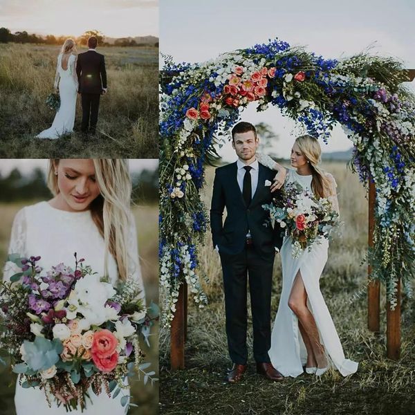 

garden long sleeve lace wedding dresses 2019 new design sweep train front high split backless bridal gowns robe de mariage custom made w509, White