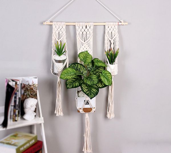 Macrame Planta Hanger Interior Exterior Handmade Knit Hanging Suspender Planter Basket líquido de algodão Rope Flores Pot Bracket Início Wall Decor