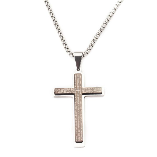 

stainless steel mens english lord's prayer black cross pendant necklace,chain 23.6'', Silver