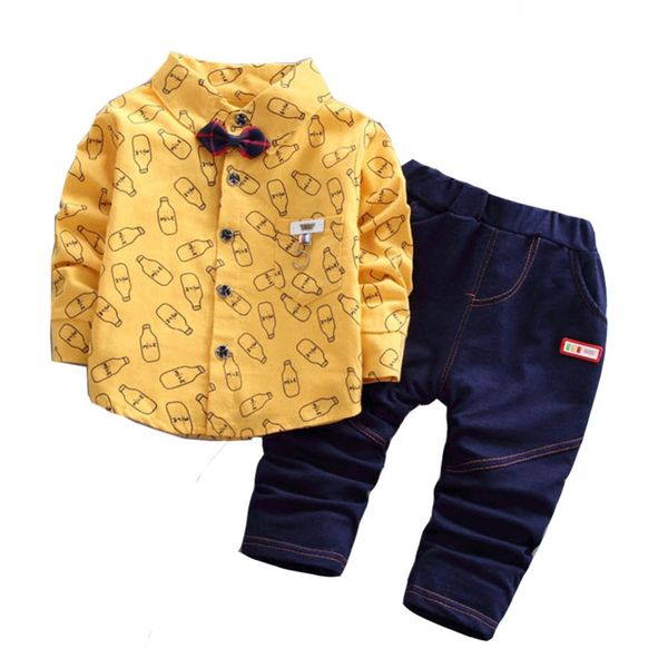 

autumn fashion baby boy clothes set cotton long sleeve print shirt +jeans +bow tie 3pcs tracksuit baby boy clothing set, White