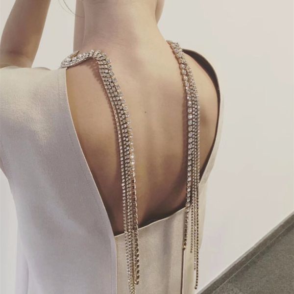 

2018 new shiny rhinestone long chain choker necklace crystal rhinestone necklace for gown accessories, Golden;silver