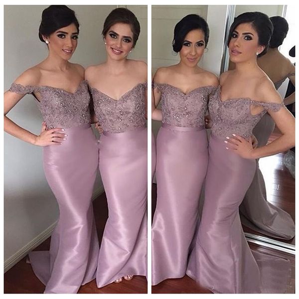 

2019 mermaid off shoulder bridesmaid dresses lace applique beads with sweep train maid of honor dresses formal guest party gowns, White;pink