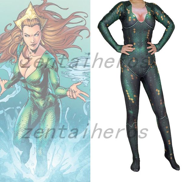 

mera aquaman movie version printing cosplay costume spandex lycra zentai halloween party suit, Black;red