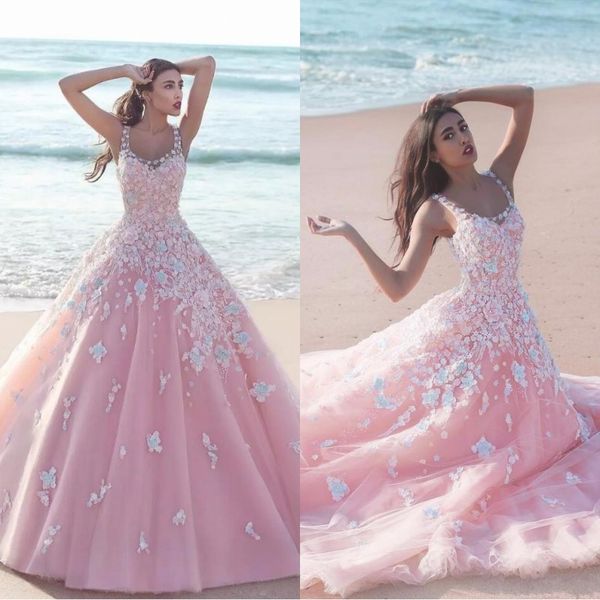 

princess floral flower pink ball gown quinceanera dresses 2019 applique tulle scoop sleeveless lace bodice long prom dresses formal party