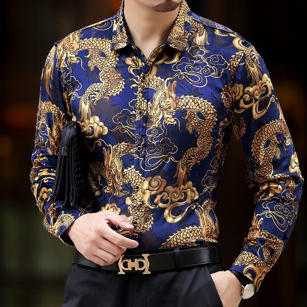 

baroque silk shirts mens dragon dress shirts mens club outfits black and gold dress luxury camisa slim fit royal viscose, White;black