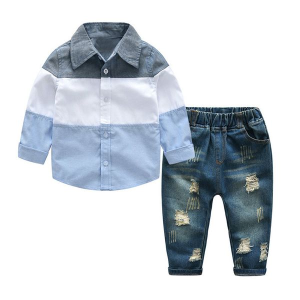 

spring autumn casual boys childrens clothes sets cotton striped shirts + ripped jeans pants 2pcs/set gentleman kids clothing clothes, White