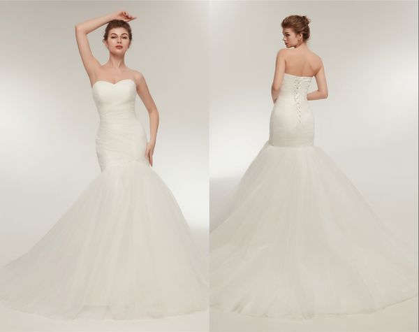 

new arrival ruched tulle mermaid wedding dress lace up white/ivory marry dresses bridal dresses in stock vestido de festa curto