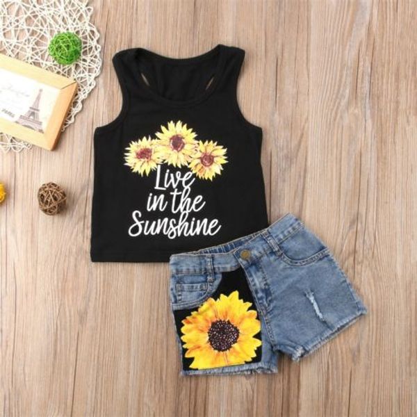 

toddler kid baby girl summer t-shirt+ sunflower short pants outfit clothes 2pcs set, White