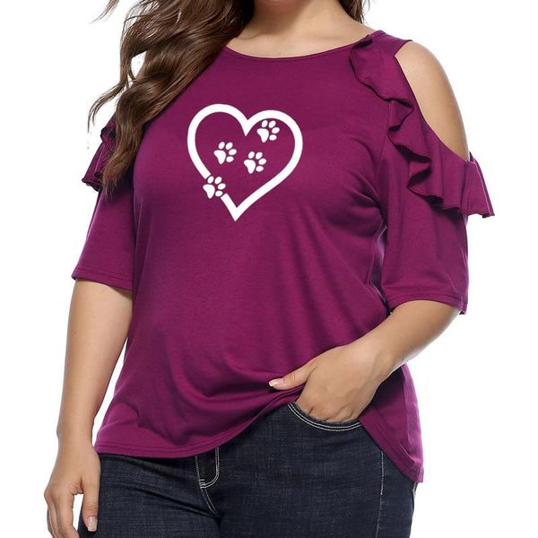 

2018women t-shirt fashion dog cat heart cute paern punk summer o-neck ruffled stitching strapless loose female t-shirt 4xl, White