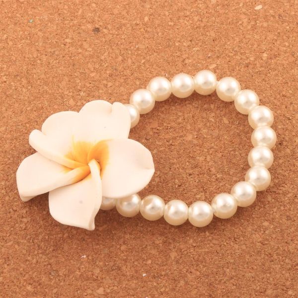 2021 Hot Clay Plumeria Flower Pearl Beaded Stretch Bracelet 6.5 BB80 Beaded, Strands Fashion