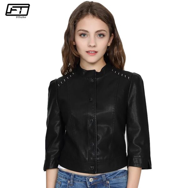 

fitaylor blouson moto casual slim black faux leather jacket women 2017 biker three quarter sleeve pu motorcycle coat mujer