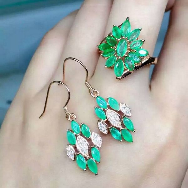 

fidelity natural emerald s925 sterling silver rings earrings jewelry sets natural green gemstone generous fine jewelry for women, Black